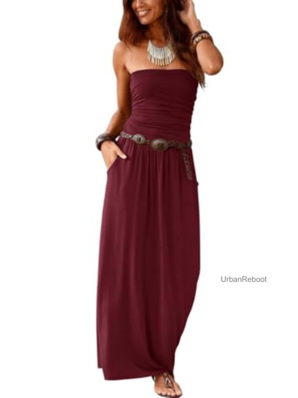 Strapless Floral Maxi Dress with Pockets Side Split Backless Beach Summer